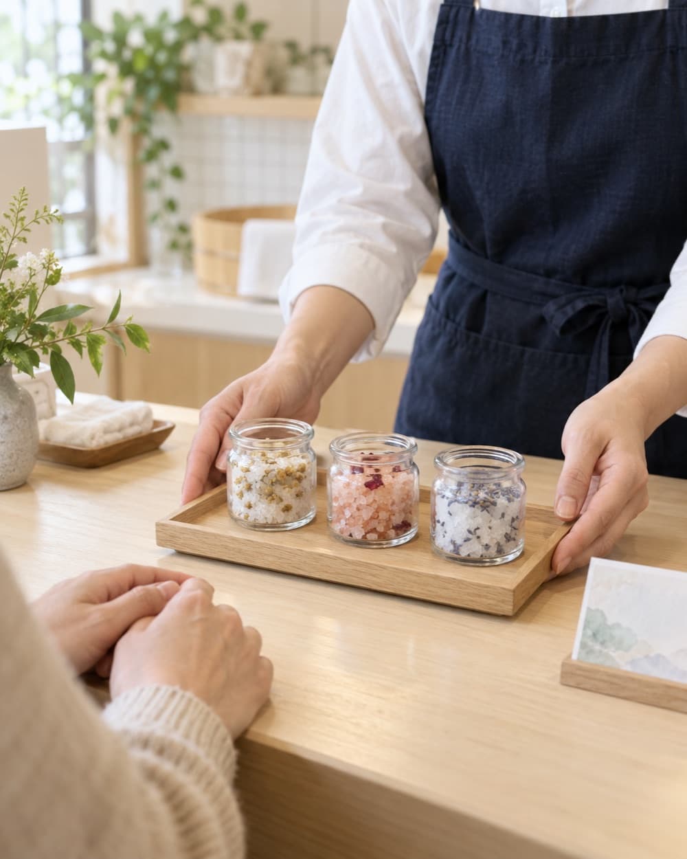 ショールームのカウンターで、お客さまにお風呂の楽しみ方を提案するスタッフの手元