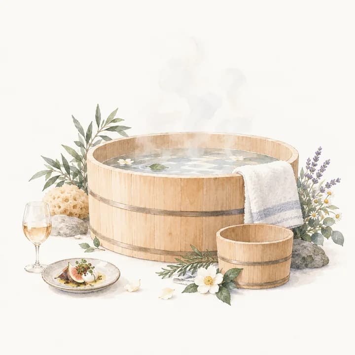 湯気の立つ檜風呂と湯おけ、そばにワイングラスとひと皿の料理の挿絵