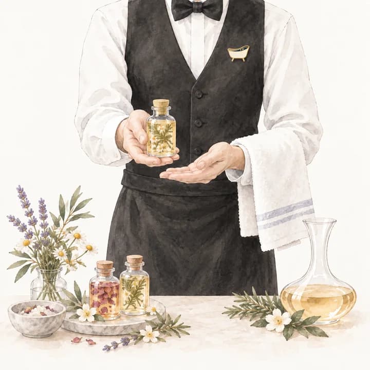 カウンターに並べた入浴剤の小瓶をひとつ差し出す手元と、ワインのデキャンタの挿絵