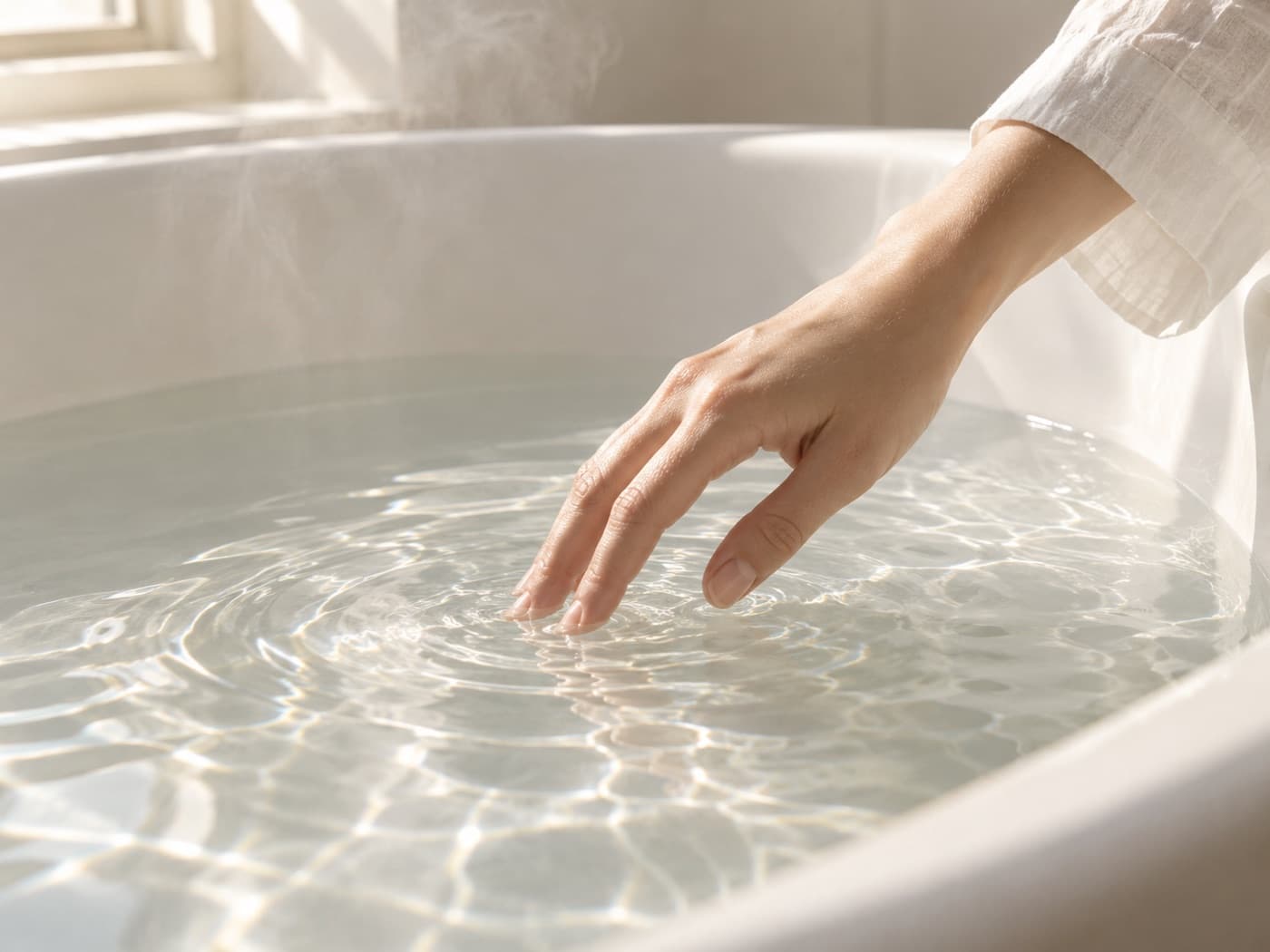 湯船のお湯にそっと手を入れ、水面に波紋が広がる様子