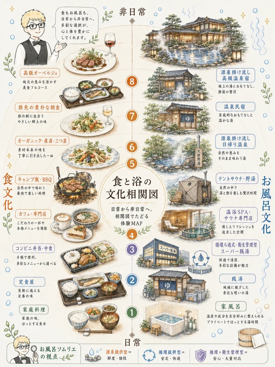 食と浴の文化相関図。家庭料理と家風呂から、高級オーベルジュと源泉掛け流しの高級温泉宿まで、食とお風呂の体験を日常から非日常へ8段階で並べた図