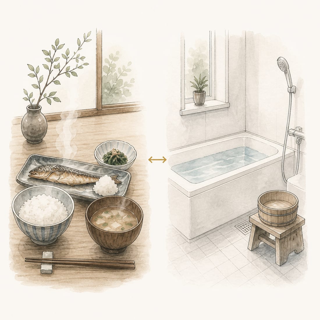 湯気の立つ家庭の食卓と、自宅の浴室を対比した手描き水彩イラスト