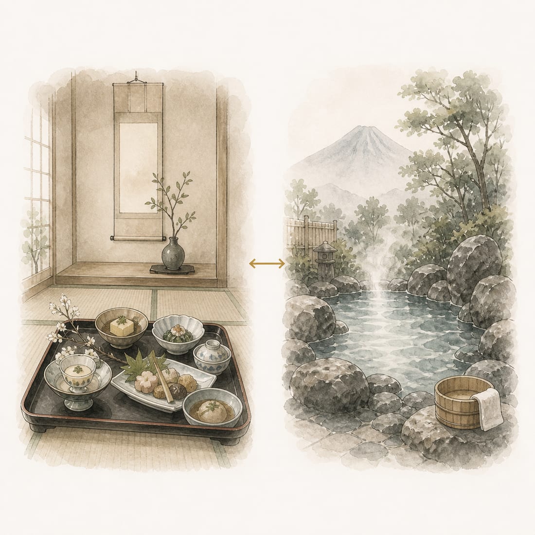 床の間のある料亭の会席と、山あいの露天温泉を対比した手描き水彩イラスト