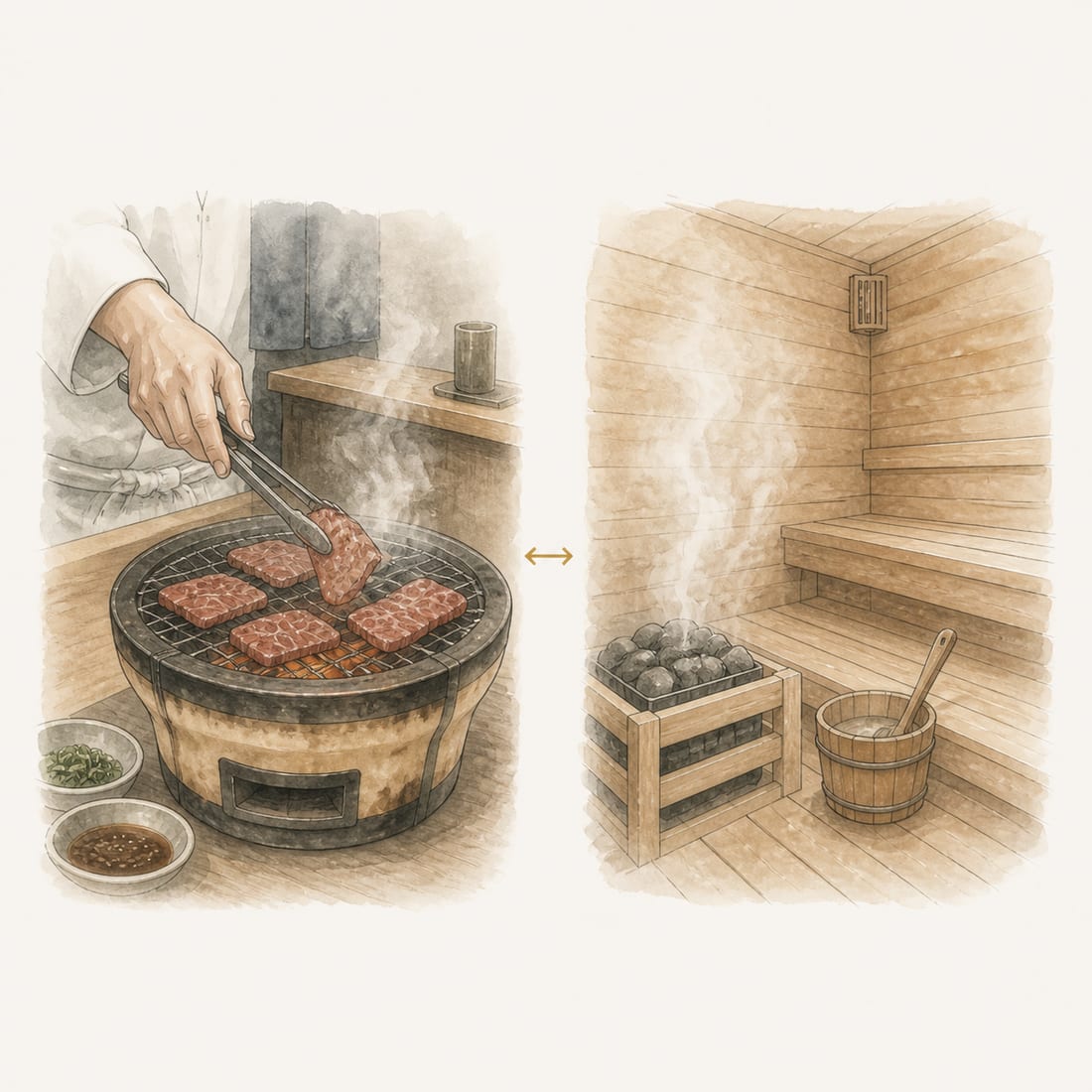 七輪の炭火焼肉と、ロウリュの蒸気が立つサウナ室を対比した手描き水彩イラスト