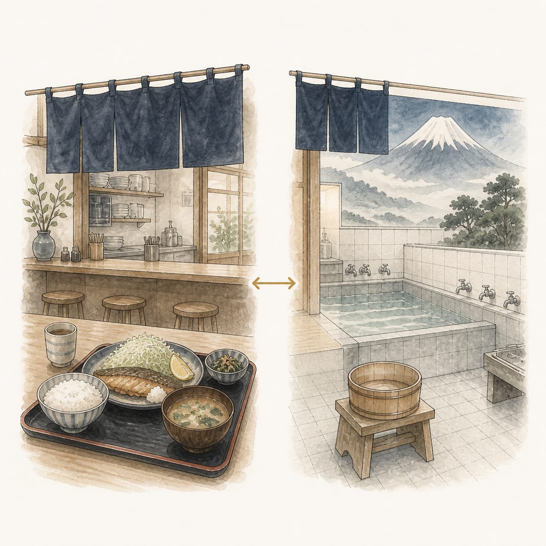 暖簾のかかる定食屋と、富士山の絵のある銭湯を対比した手描き水彩イラスト