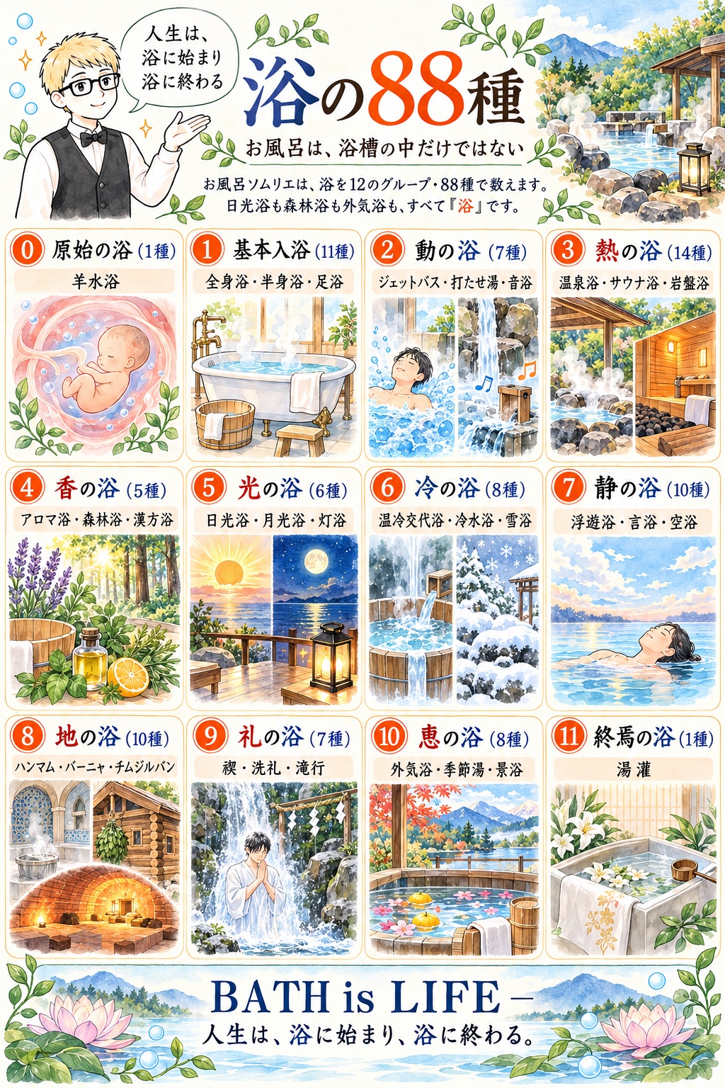 浴の88種のポスター。12のグループを番号付きのパネルで示し、各グループの代表的な浴を水彩イラストで描いたインフォグラフィック