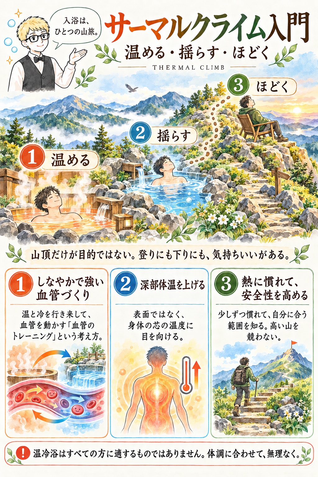サーマルクライム入門のポスター。山道に沿って温める・揺らす・ほどくの3地点を描き、下段に血管づくり・深部体温・熱順応の3つの考え方を示した水彩イラストのインフォグラフィック