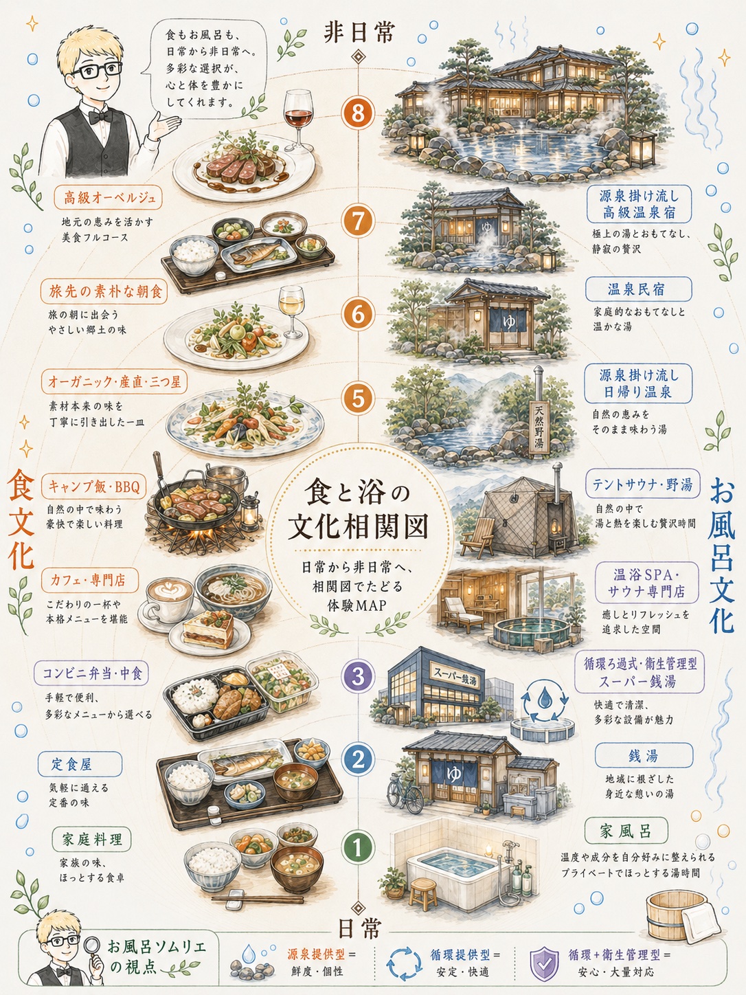食と浴の文化相関図。家庭料理と家風呂、定食屋と銭湯、高級オーベルジュと源泉掛け流しの高級温泉宿など、日常から非日常へ8段階で対応させた水彩イラストの図