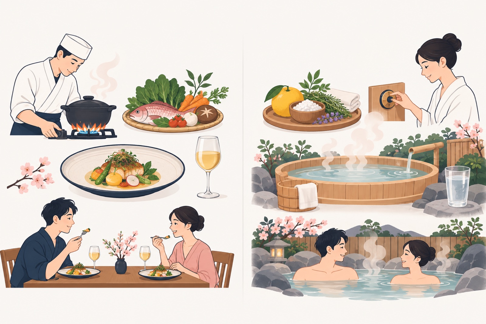 左に料理人が鍋を火にかけ食卓で二人が食事をする様子、右に入浴剤と柚子を用意して湯温を整え露天風呂に二人が浸かる様子を対比した手描き風イラスト