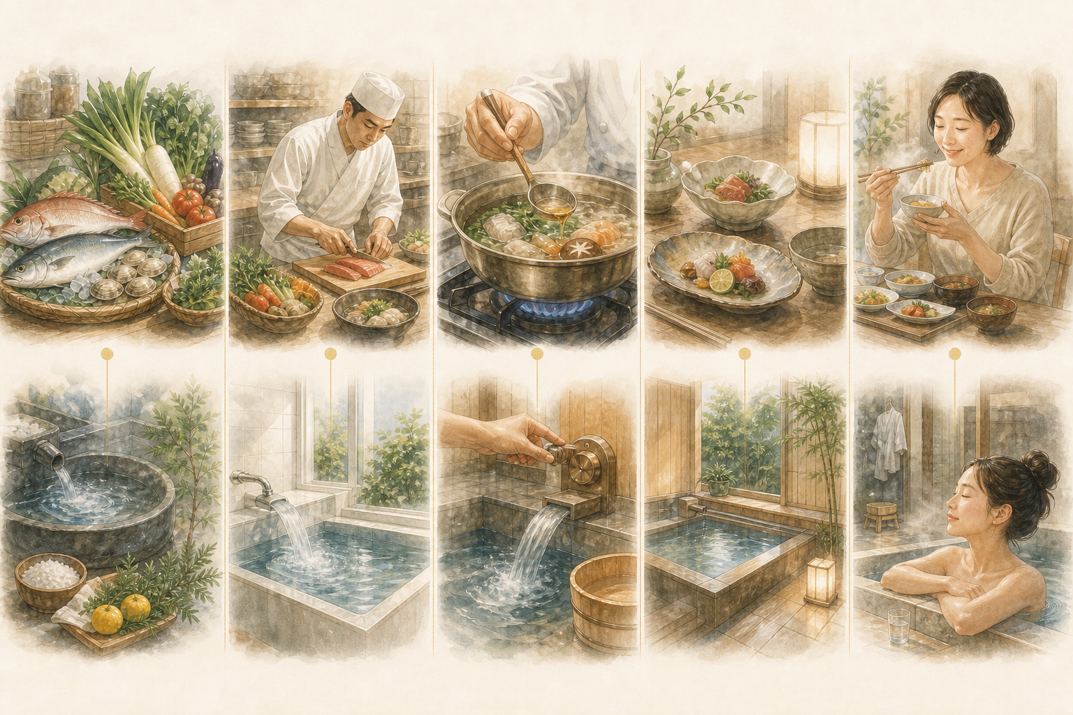 浴食同源の図。食文化と入浴文化を、素材・鮮度・加減・器・作法などの共通の視点で対応させたイラスト